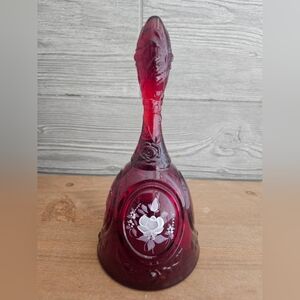 Elegant Ruby Red Glass Fenton Bell with Floral Design